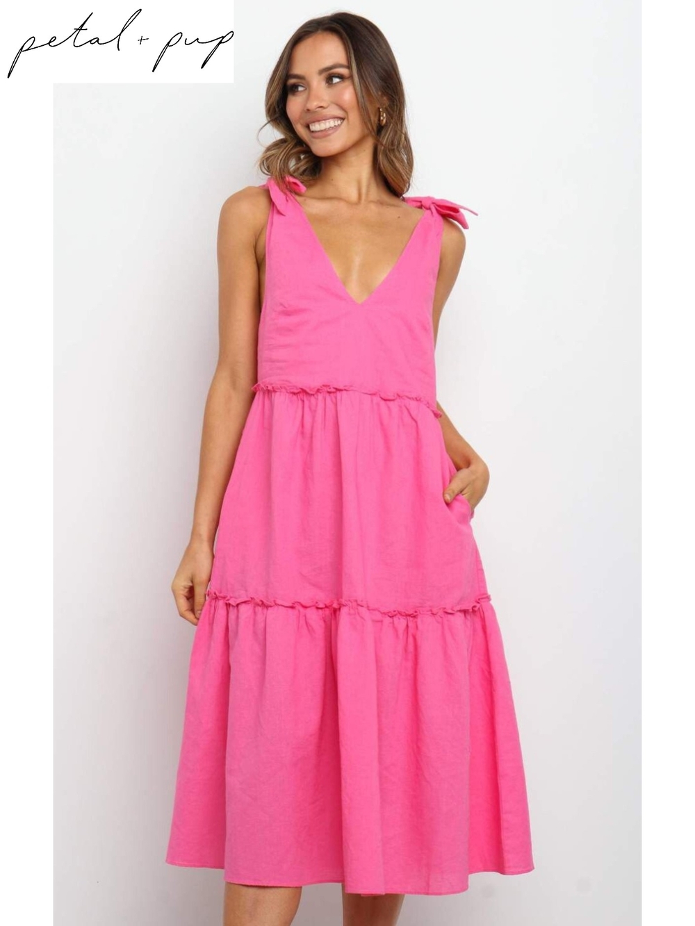 Petal & Pup▪️Eranda Linen Pink Tie-Shoulder V-Neck Tiered Midi Dress w/ Pockets